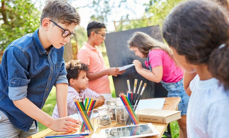 Kinder im Freien, die an einem Tisch mit Malutensilien und Büchern kreativ tätig sind, während zwei Kinder im Hintergrund vor einer Tafel stehen und miteinander kommunizieren.